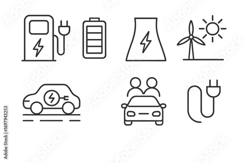Renewable Energy and Electric Vehicle Icons – Charging Station, Battery, Wind Power, Solar Energy