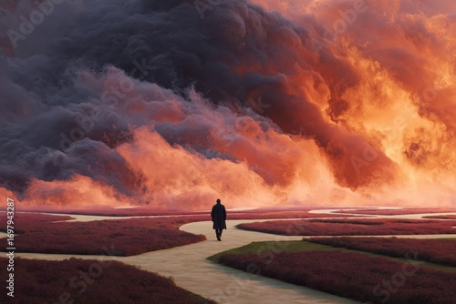 Man walking landscape dramatic sky