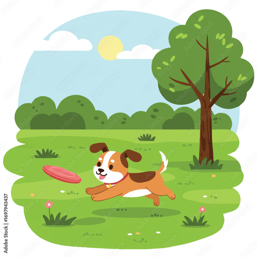 Obraz premium A joyful cute dog playfully leaps after a vibrant frisbee in a sun-drenched green park, rendered in a simplified 2D flat vector illustration style with clean lines and bright colors.