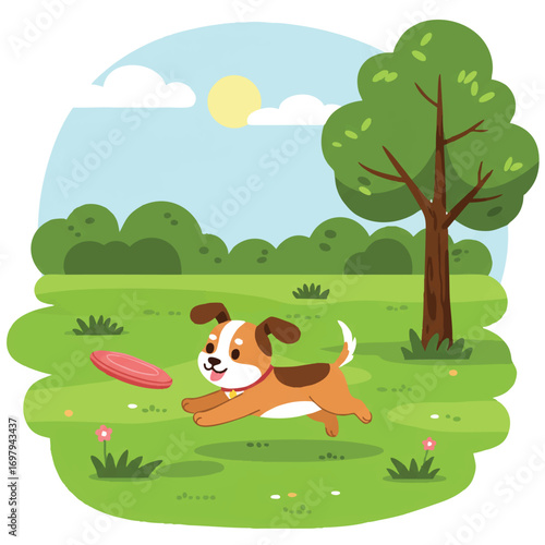 A joyful cute dog playfully leaps after a vibrant frisbee in a sun-drenched green park, rendered in a simplified 2D flat vector illustration style with clean lines and bright colors.