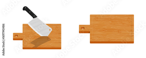 Wooden kitchen chopping board with meat cleaver knife and empty board. Cooking utensil in flat design style. Food preparation concept.