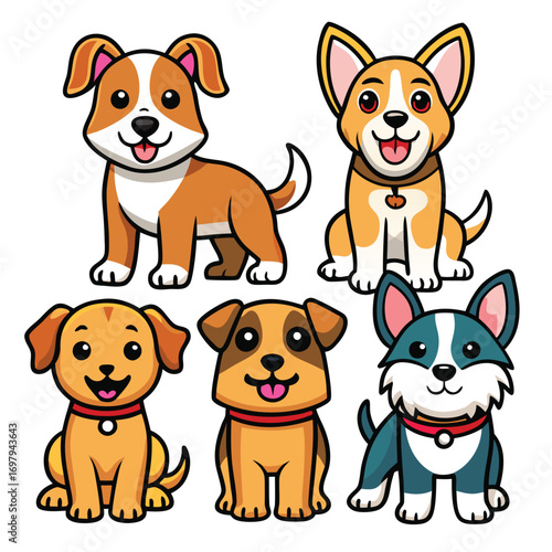 Five adorable cartoon dogs with various breeds and colors sitting happily.