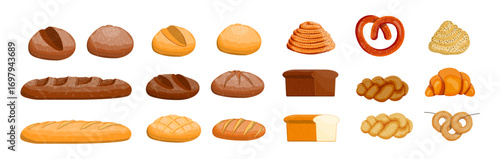 Set of various bread and bakery products. Collection of fresh baked goods for food and menu illustrations.