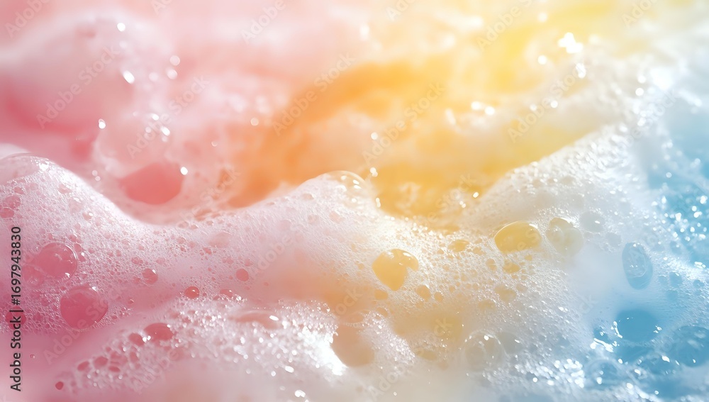 Obraz premium Colorful soap foam texture with pink, yellow and blue gradient background, macro photography of bubbles and suds creating abstract pattern.