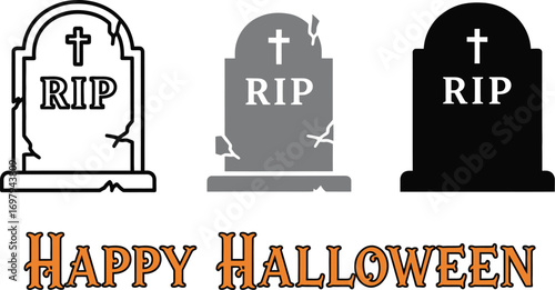 Three tombstones with rip inscription for halloween, displaying different styles and shades, ideal for spooky holiday themes