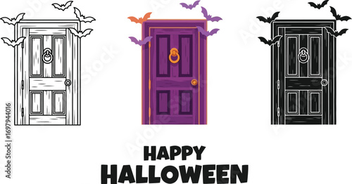 Three halloween doors with bats, showcasing a spooky and festive theme for the holiday season celebration