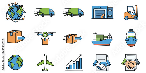 Streamline your supply chain visuals with these vibrant logistics icons for seamless presentations and reports on global shipping and fast delivery