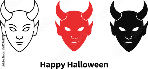 Three halloween devil faces, depicting a mischievous and spooky theme for the holiday season celebration