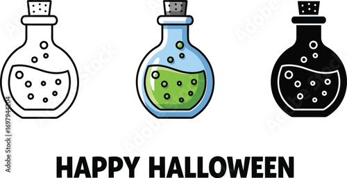 Happy halloween illustration featuring three potion bottles in different styles, perfect for spooky season designs