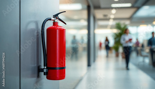 Wallpaper Mural Red fire extinguisher mounted in office corridor, employees blurred in background Torontodigital.ca