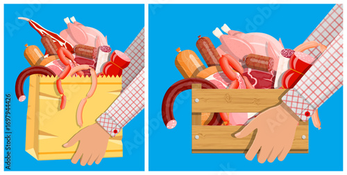 Man holding full paper bag and wooden box with various raw meat, sausages, and poultry. Butcher's shop concept. Flat style vector.