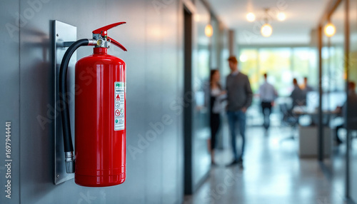 Wallpaper Mural Red fire extinguisher mounted in office corridor, employees blurred in background Torontodigital.ca