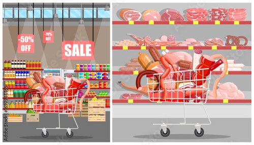 Shopping cart full of meat, fish, and dairy products at grocery store with sale signs. Shopping for food in supermarket.