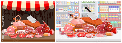 Butcher shop market stall versus supermarket meat department with fresh food products and meat cuts.
