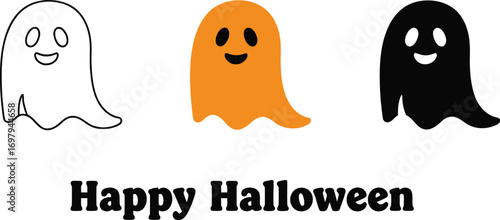 Three halloween ghosts, displaying line art, vibrant color, and silhouette variations for spooky season designs