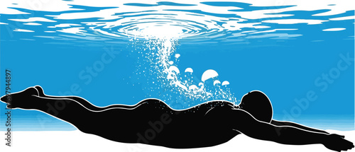 Silhouette of a swimmer diving underwater with bubbles and ripples swimming