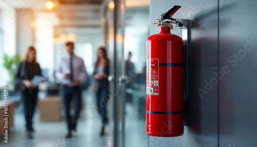 Wallpaper Mural Red fire extinguisher mounted in office corridor, employees blurred in background Torontodigital.ca