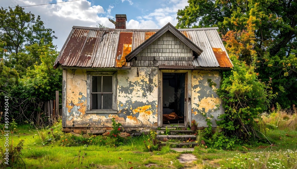 Fototapeta premium A weathered cottage in a overgrown yard