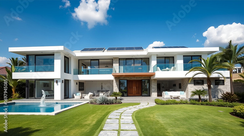 Front view of a luxury suburban home with a minimalist approach, featuring clean lines and a neutral color palette Ensure room for text