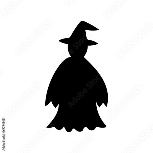 Black silhouette of a witch wearing a pointed hat. silhouette of a witch