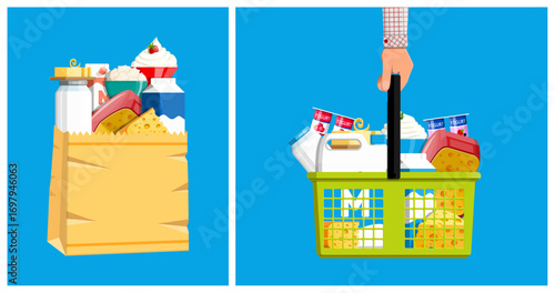 Dairy products in paper bag and shopping basket. Milk, cheese, butter, yogurt, cream, sour cream, jam in containers. Grocery food.