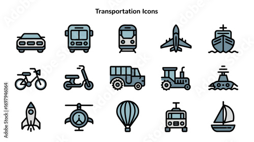 Modern transportation icons set for travel, logistics, and mobility solutions on websites and print media
