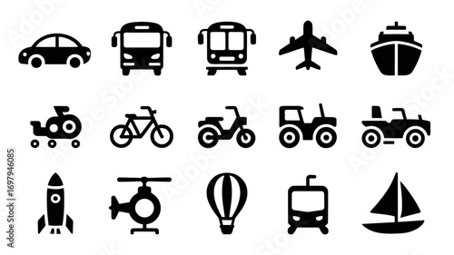 Transportation icons showcase travel options airplanes, cars, ships, travel icons and more transport options