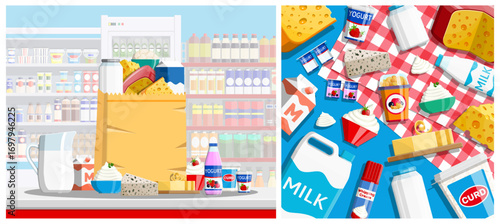 Dairy product set with milk, cheese, and yogurt. Grocery store counter and food. Healthy breakfast and farm food concept for shop.