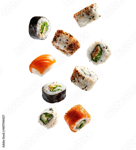 Assorted sushi pieces, various types, flying