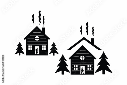 Snow-covered wooden cabin in the forest, smoke coming out of chimney, surrounded by pine trees, vector illustration