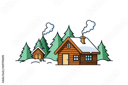 Snow-covered wooden cabin in the forest, smoke coming out of chimney, surrounded by pine trees, vector illustration