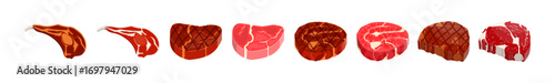 Set of raw and cooked meat pieces vector illustration. Various cartoon steak and ham cuts for food restaurant menu design.