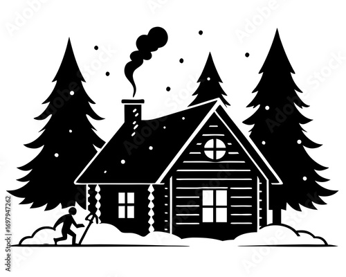 Snow-covered wooden cabin in the forest, smoke coming out of chimney, surrounded by pine trees, vector illustration