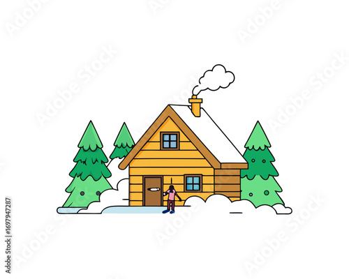 Snow-covered wooden cabin in the forest, smoke coming out of chimney, surrounded by pine trees, vector illustration