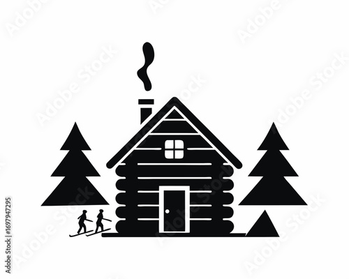 Snow-covered wooden cabin in the forest, smoke coming out of chimney, surrounded by pine trees, vector illustration
