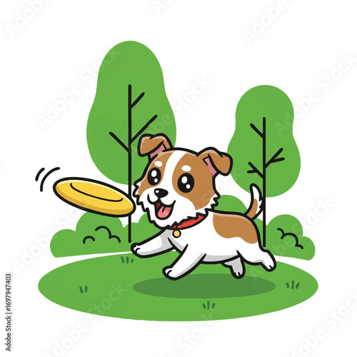 A cute dog is happily running through a simplified green park, skillfully catching a bright yellow frisbee in a vibrant 2D flat vector illustration.