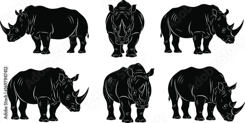 Flat vector illustration of six black rhinoceros silhouettes standing and facing different directions, wildlife animal art, rhino nature conservation, 