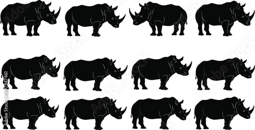 Flat vector illustration of rhinoceros silhouettes in various poses, wild animal shapes, African safari wildlife collection, endangered species art, black and 