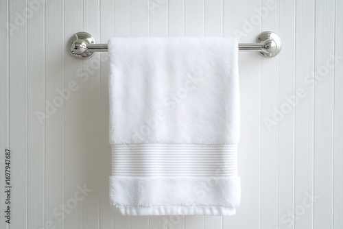 A pristine white bath towel hangs neatly on a chrome towel bar against a white paneled wall