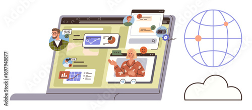 People engaging through online tools, sharing video calls, charts, and data. Ideal for remote work, global networking, technology, online learning, communication digital marketing web services