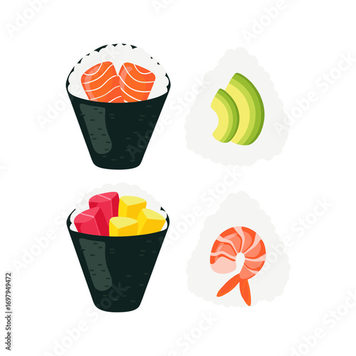 A delicious arrangement of sushi with salmon shrimp and avocado on a clean white background