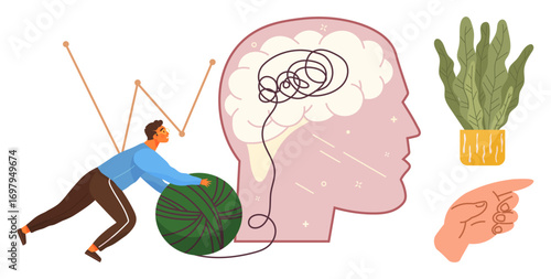 Man pushes tangled green thread near outline of brain representing mental challenges. Nearby are a plant and pointing hand. Ideal for problem-solving, mental health, focus, self-improvement