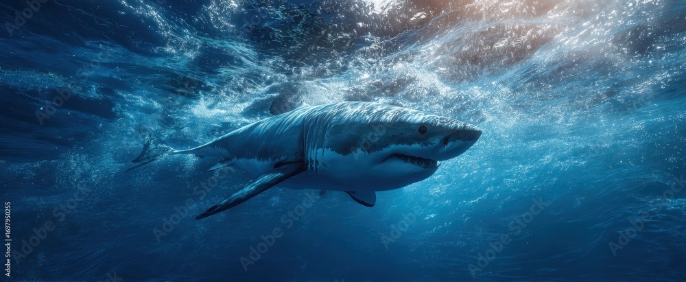 Fototapeta premium The Great White Shark Gliding Under Sunlit Ocean Surface With Powerful Presence
