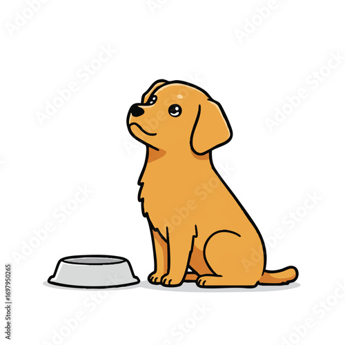 A cute eager dog sits expectantly by an empty food bowl, looking up with anticipation. This vibrant flat 2D vector illustration, in simplified style, features clean outlines on white.