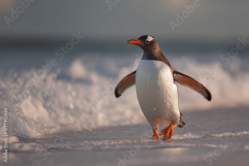 Gentoo penguin walking on the beach