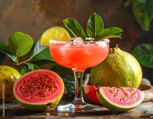 A vibrant margarita cocktail, garnished with fresh guava and lime, sits alongside sliced guava fruits on a rustic wooden surface.