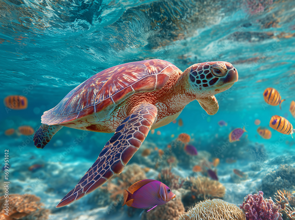 Fototapeta premium Sea turtle swimming in the ocean with fish