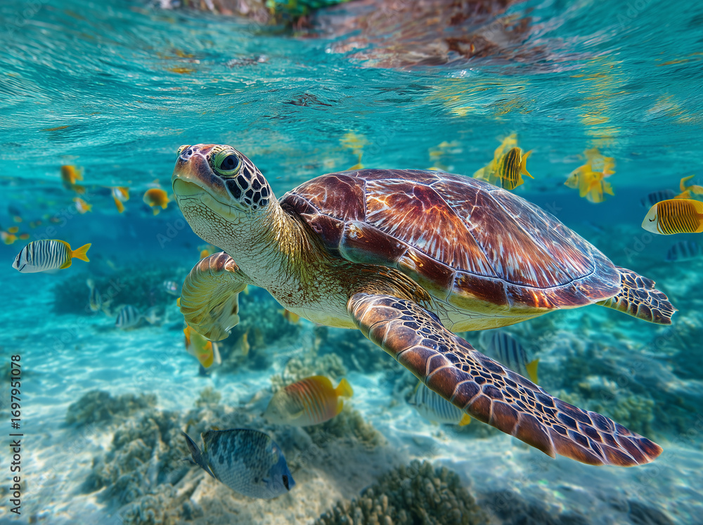 Obraz premium Sea turtle swimming in the ocean with fish