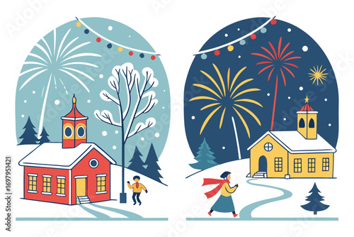 Snow-covered village with people celebrating, lanterns and fireworks in sky, festive winter illustration, vector design