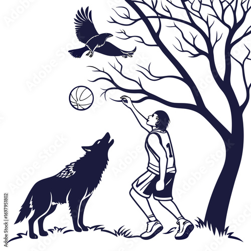 A young basketball player reaches for a ball while a wolf howls and a bird flies overhead